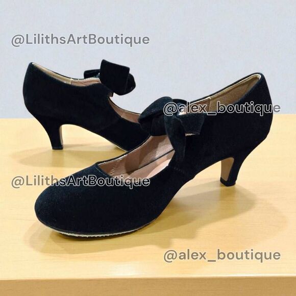 Liuruijia Mary Jane Pumps Black Velvet Bow Strap Kitten Heels(F036)-Size 9 - Picture 1 of 11